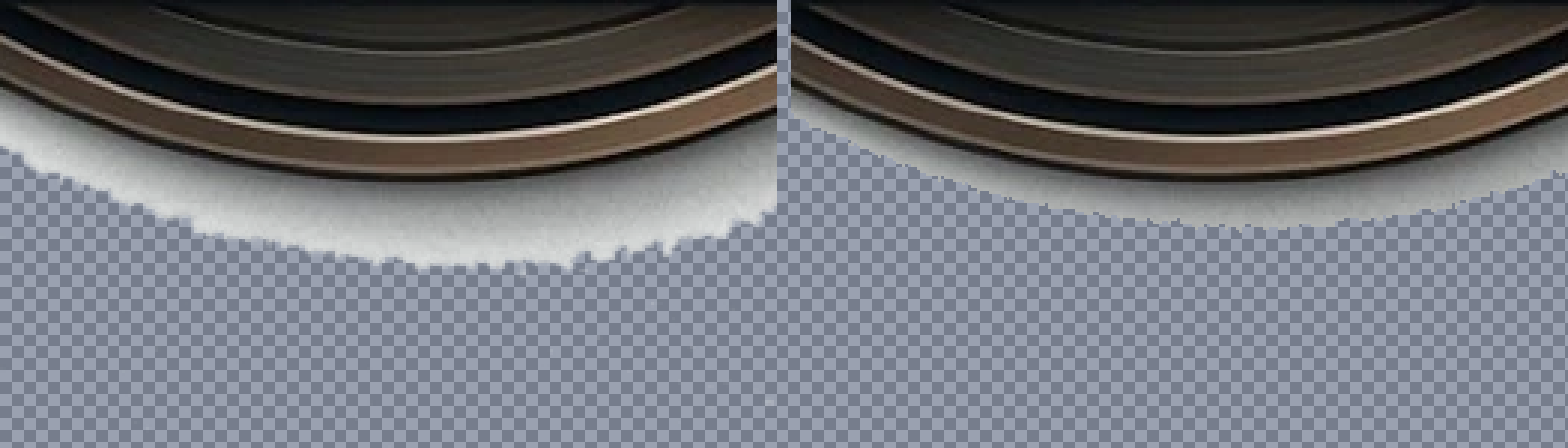 Four-times zoom of the badge's bottom rim, original beside cleaned, on a checkerboard